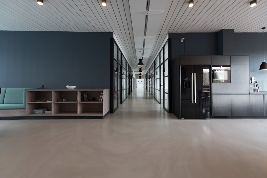 Professionals collaborating in a modern office with city views